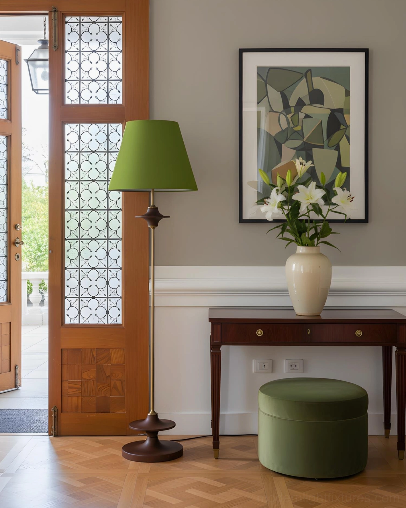Terrava sculptural floor lamp with walnut base and green shade in retro entryway with console table and wall art