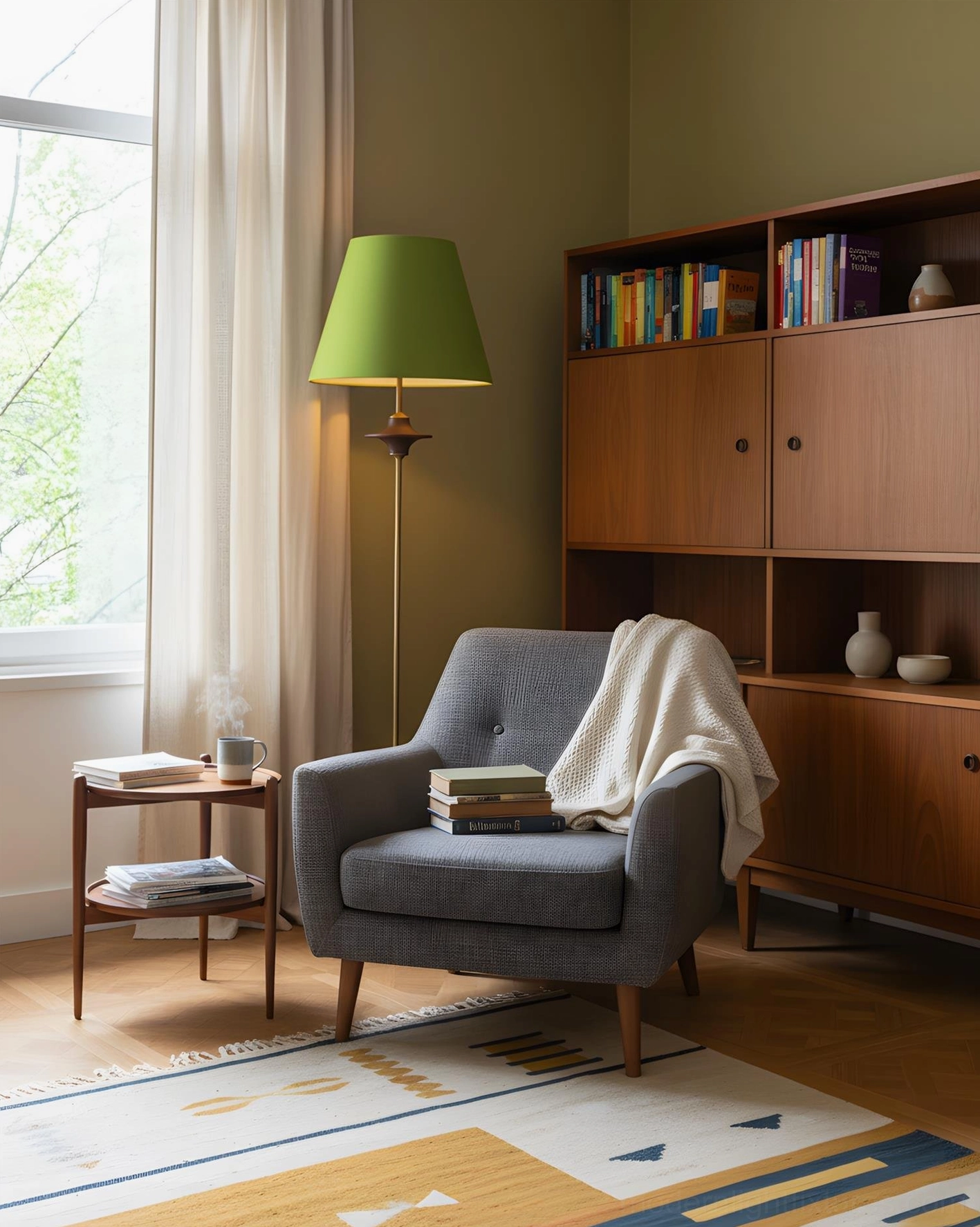 Terrava mid-century modern floor lamp with green shade in contemporary living room with mid-century furniture