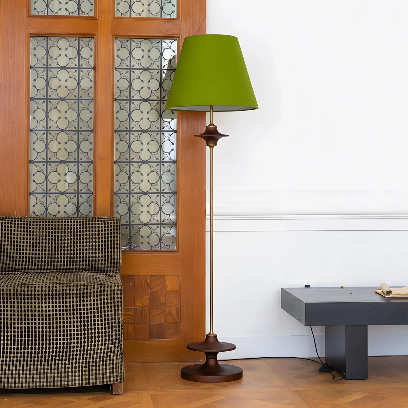 Terrava modern floor lamp with walnut wood accents and green fabric shade in vintage entryway with stained glass door