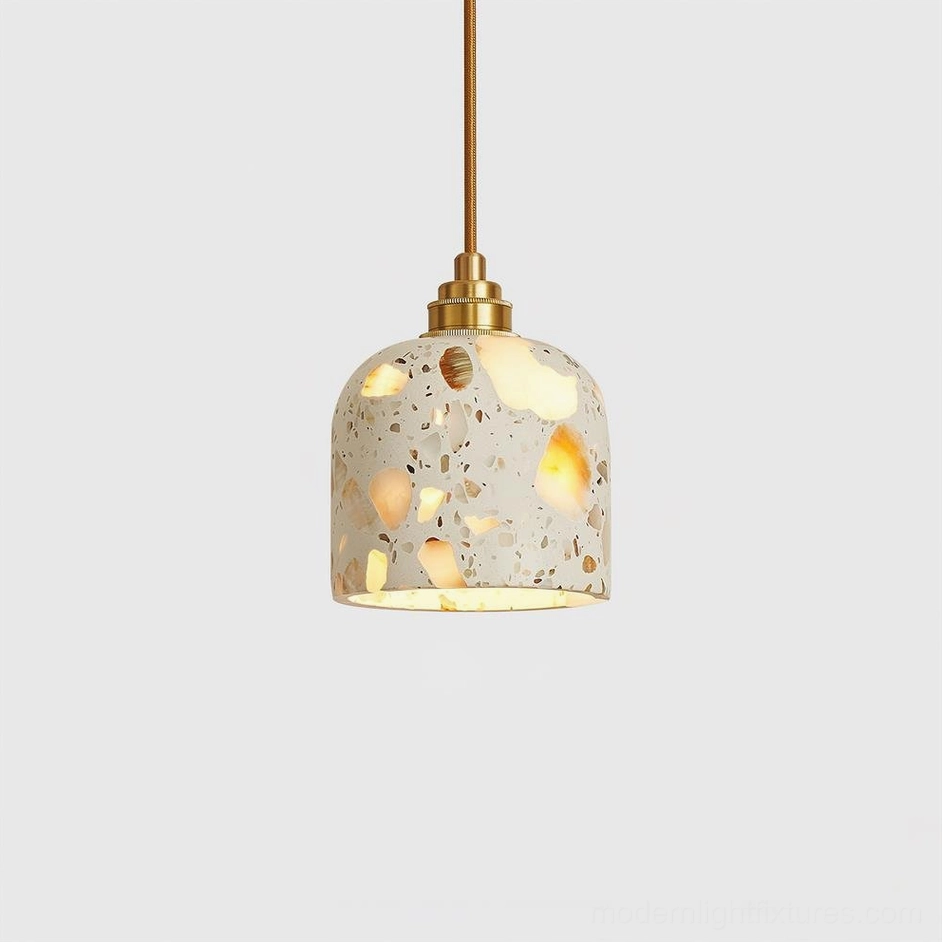 Classic terrazzo pendant light Model A dome shade in brass and grey colorway