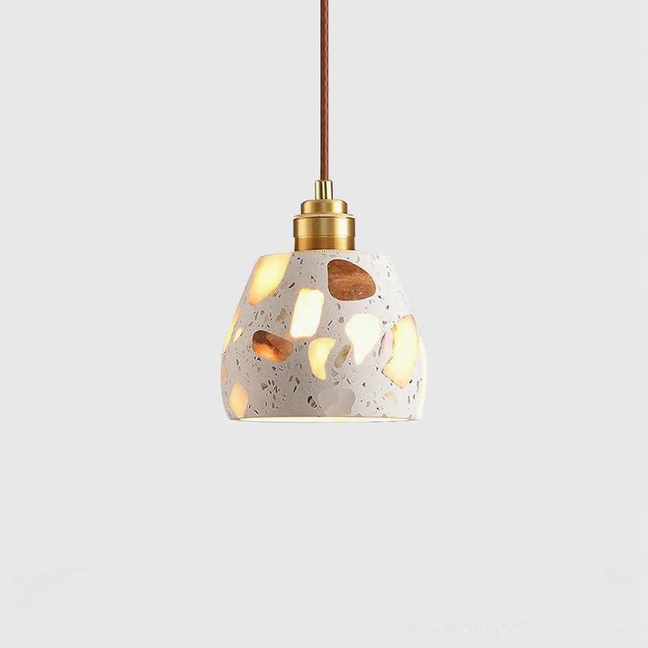 Rounded hemisphere terrazzo pendant light Model D in contemporary bedroom setting