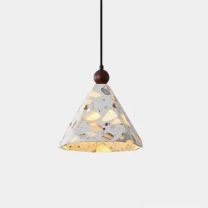 Terrazzo mosaic pyramid pendant light with walnut wood canopy, front close-up view showing geometric faceted shade and warm illumination