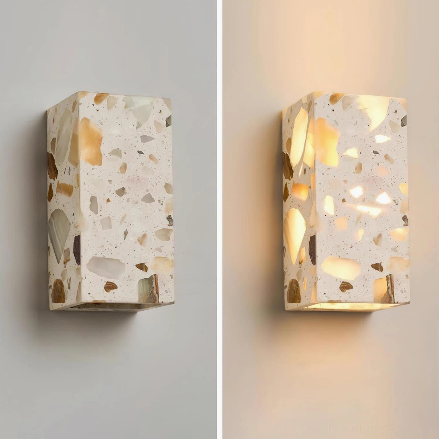 Terrazzo wall sconce bathroom installation showing damp-rated design casting soft warm illumination suitable for spa-like bathroom environments