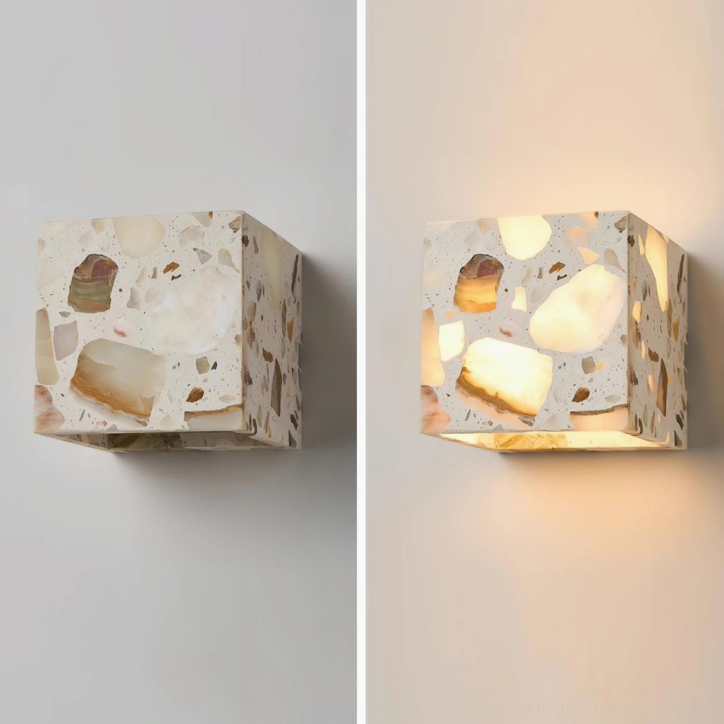 Terrazzo wall sconce artistic side view revealing material composition natural stone aggregate embedded in grey terrazzo body with warm LED glow