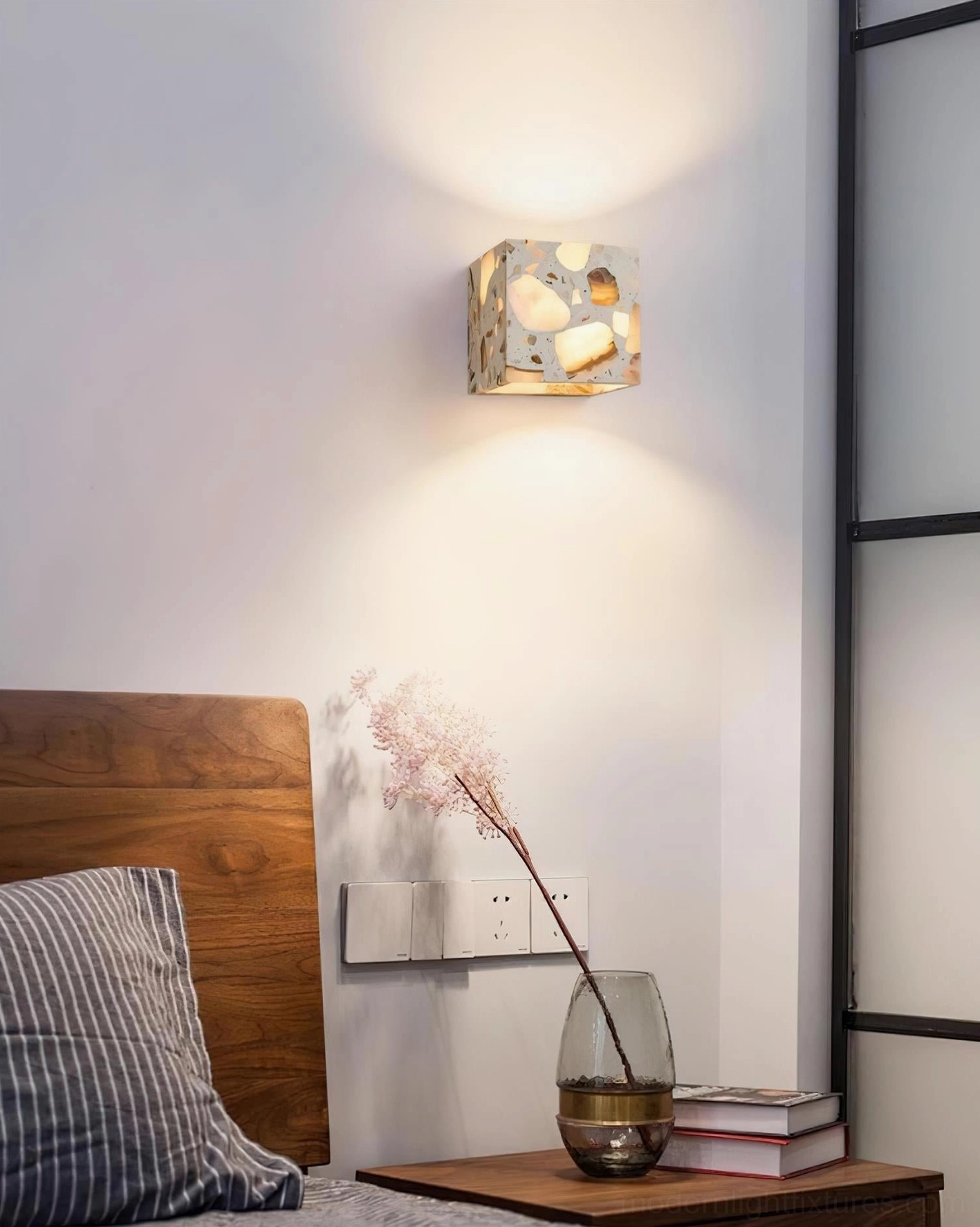 Terrazzo wall sconce modern minimalist wall lamp showing integrated LED technology hardwired installation and contemporary sculptural design form