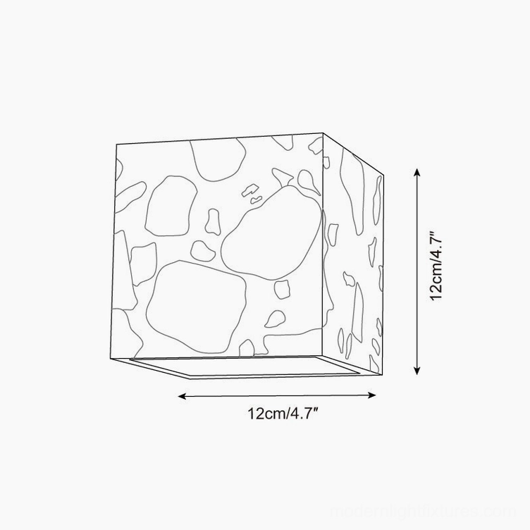 Terrazzo wall sconce technical schematic diagram showing 12cm width and 12cm height specifications for compact square variant