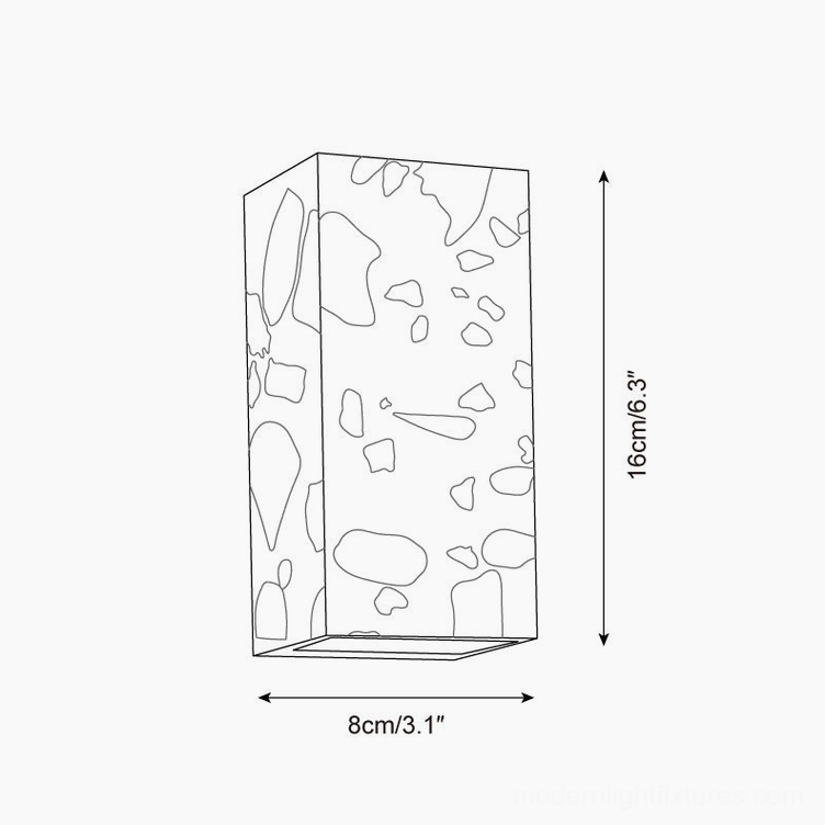 Terrazzo wall sconce technical drawing schematic displaying 8cm width and 16cm height vertical rectangle variant specifications