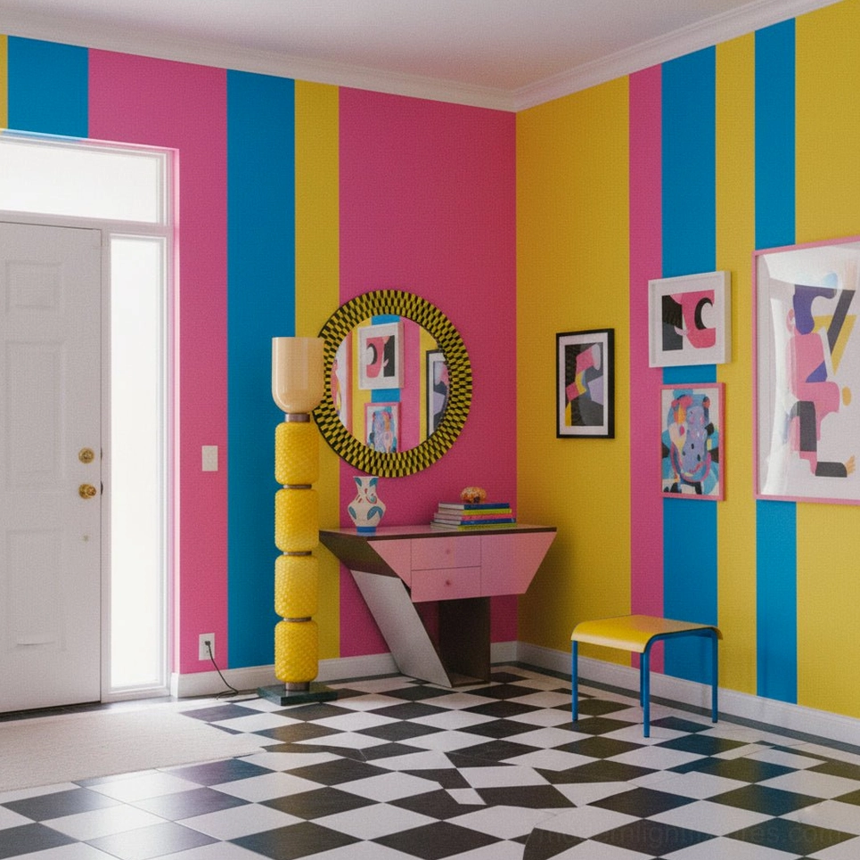 Tessara contemporary floor lamp in colorful living room with geometric striped walls and checkered tile flooring