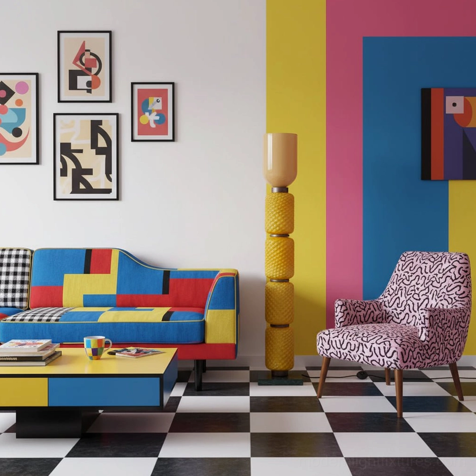 Tessara modern floor lamp in colorful living room with Mondrian-style sofa and geometric wall art