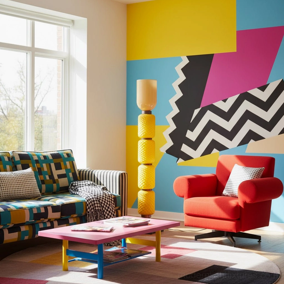 Tessara contemporary floor lamp in pop-art living room with colorful geometric wall murals and patterned sofa