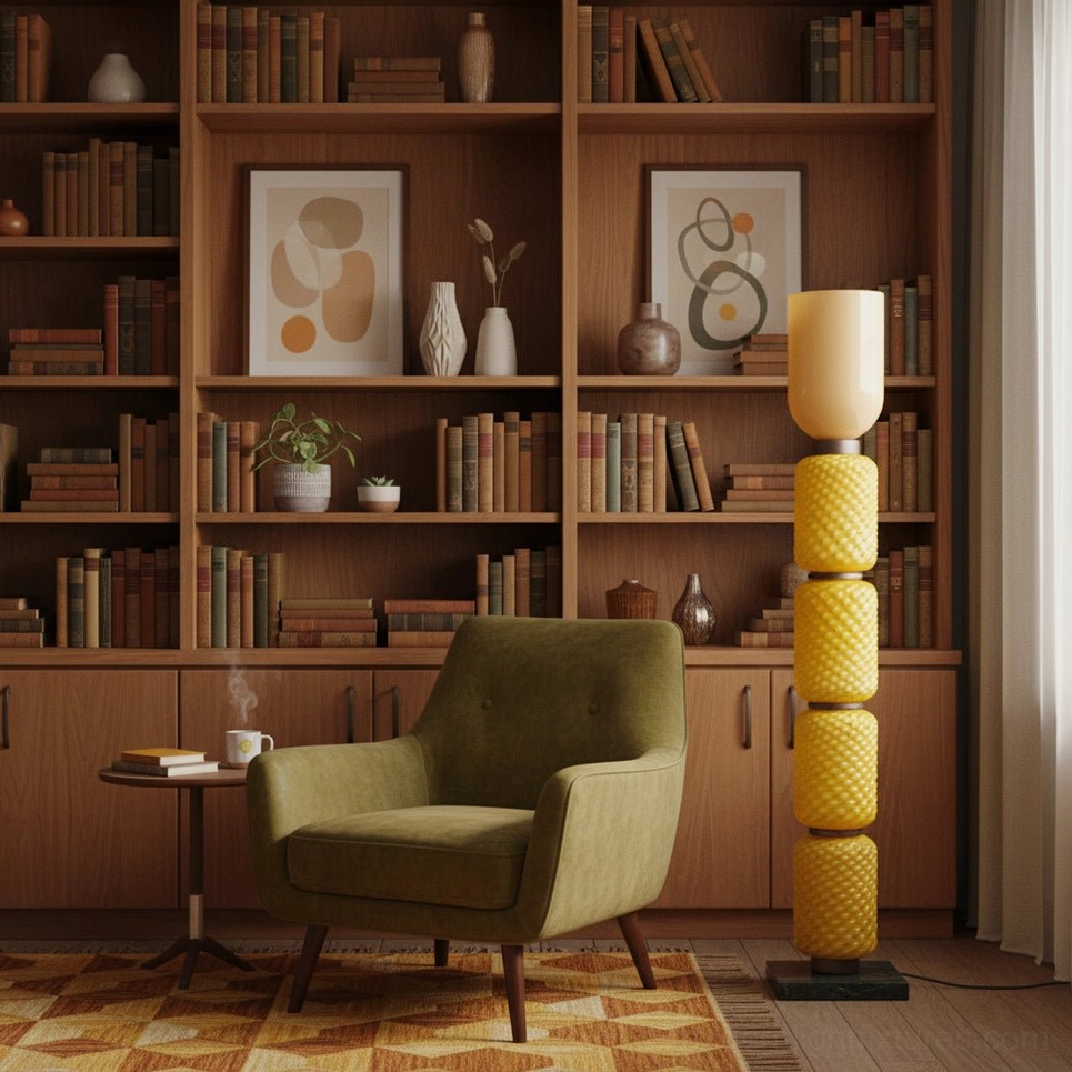 Tessara stacked glass floor lamp in home library reading nook with wooden bookshelves and olive green armchair