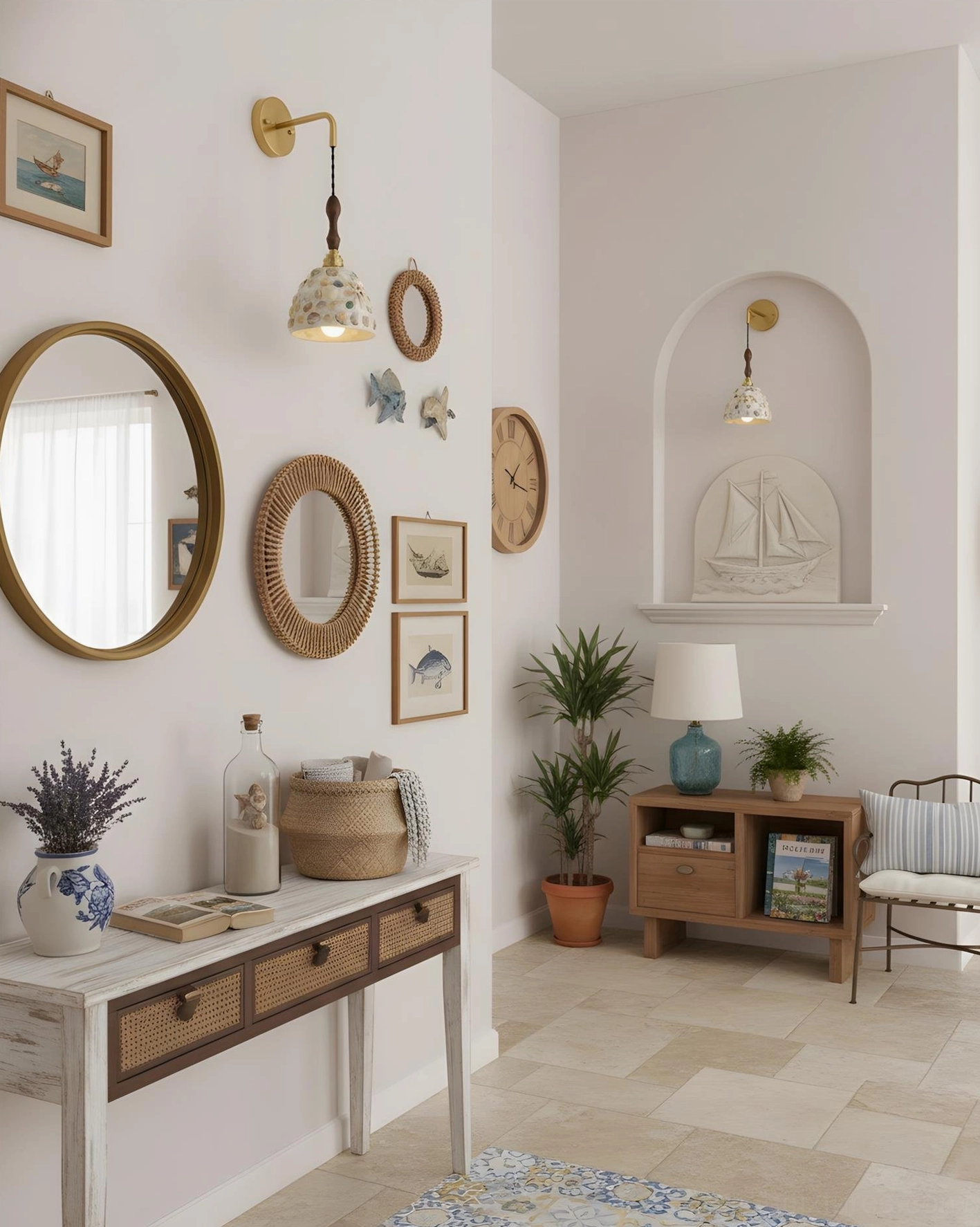 Tessaro boho artisan wall sconces in decorative entryway with mirrors and mixed glass shade style