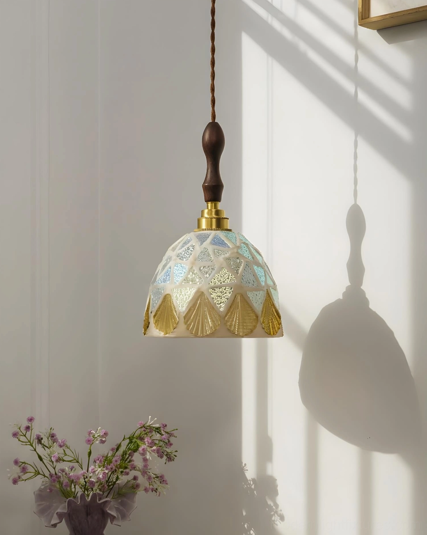 Tessaro iridescent scalloped glass pendant lamp with gold trim showing vintage bohemian design details