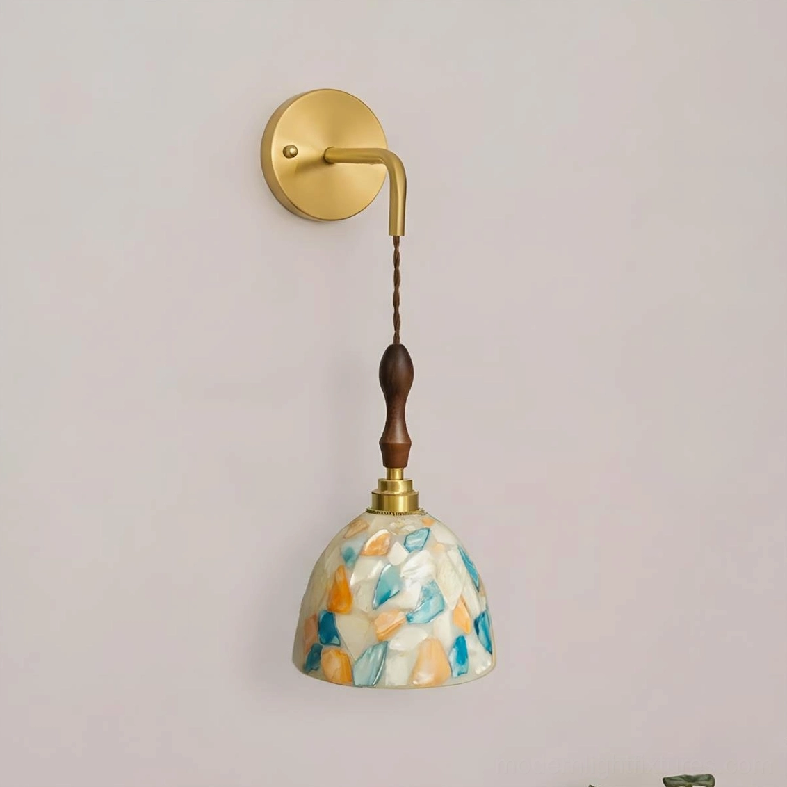 Tessaro Model A mosaic wall sconce with brass and walnut finish, hand-set glass shade detail