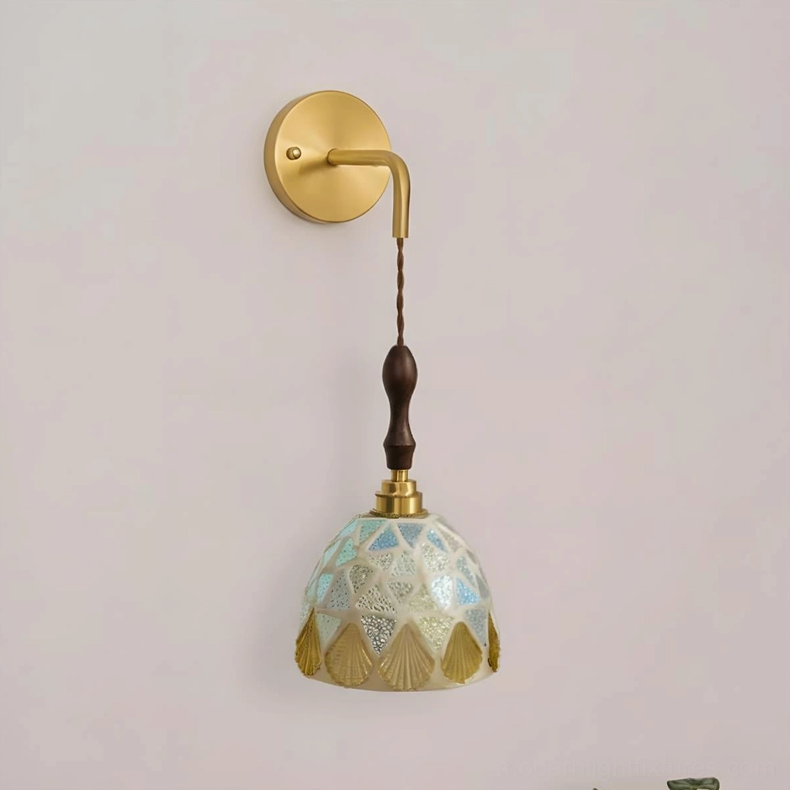 Tessaro Model B brass and walnut wall sconce with semi-precious shell inlay details