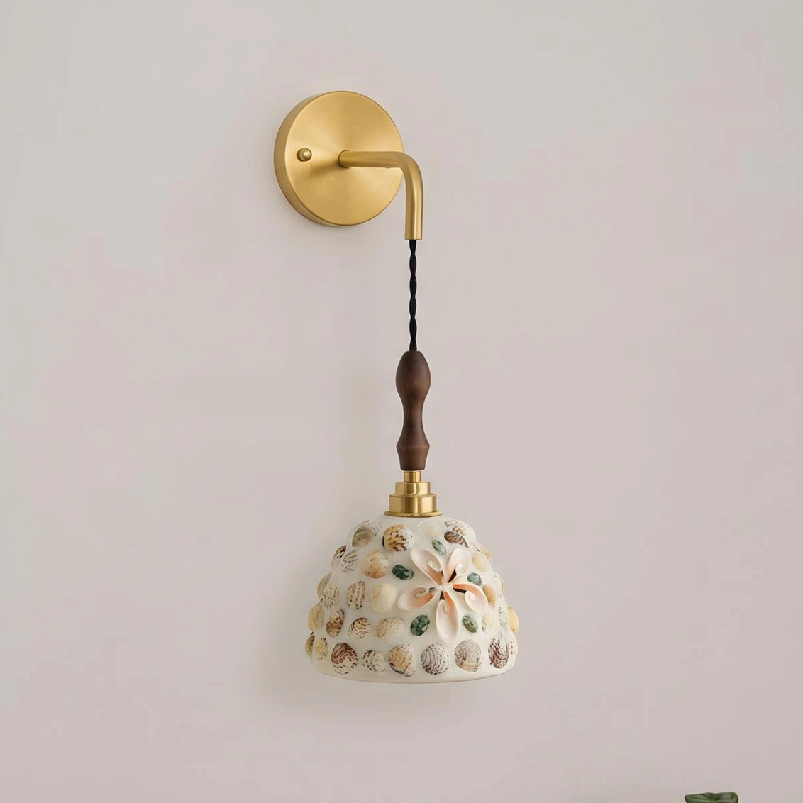 Tessaro Model C stained glass wall sconce with sculptural brass arm and wood accent