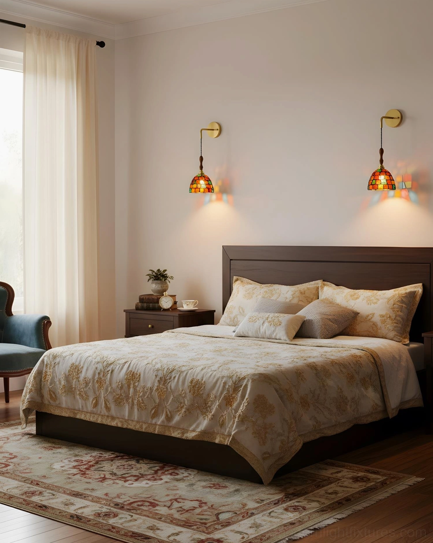 Pair of Tessaro wall sconces in master bedroom with patterned bedding, warm ambient lighting