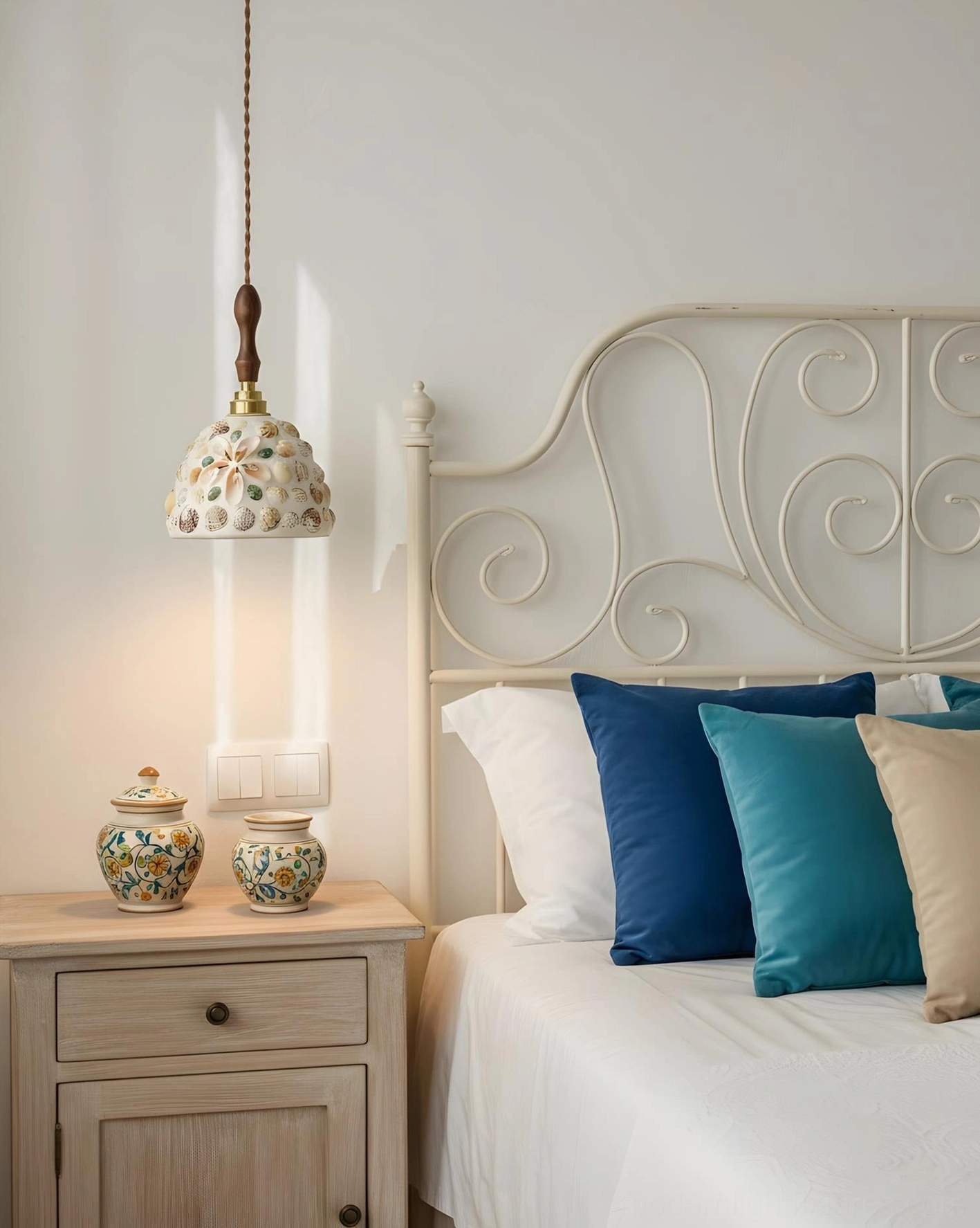 Tessaro pendant light with brass and wood accents creating layered warm glow in contemporary interior
