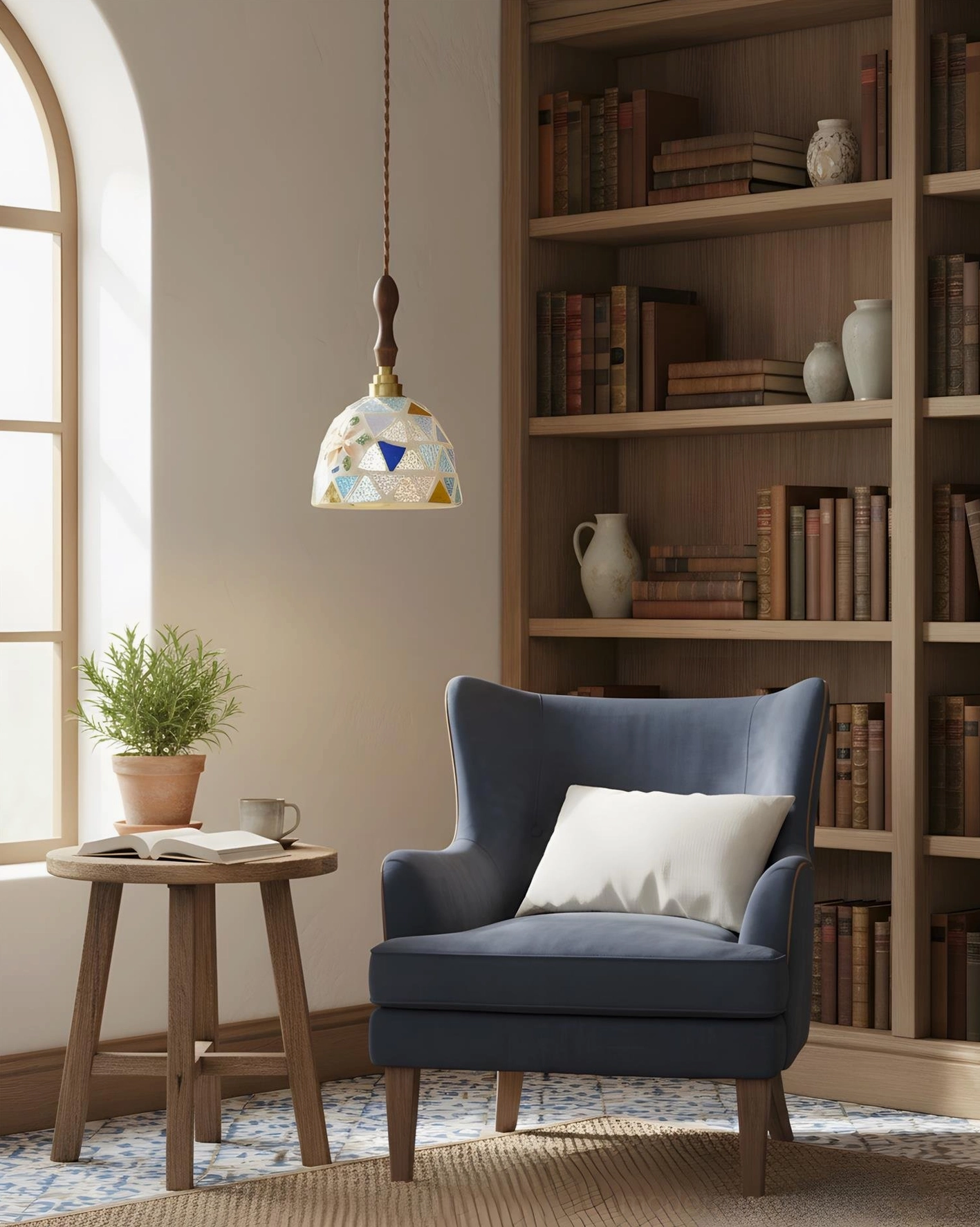 Tessaro pendant light installation showing adjustable cord and sloped ceiling compatibility