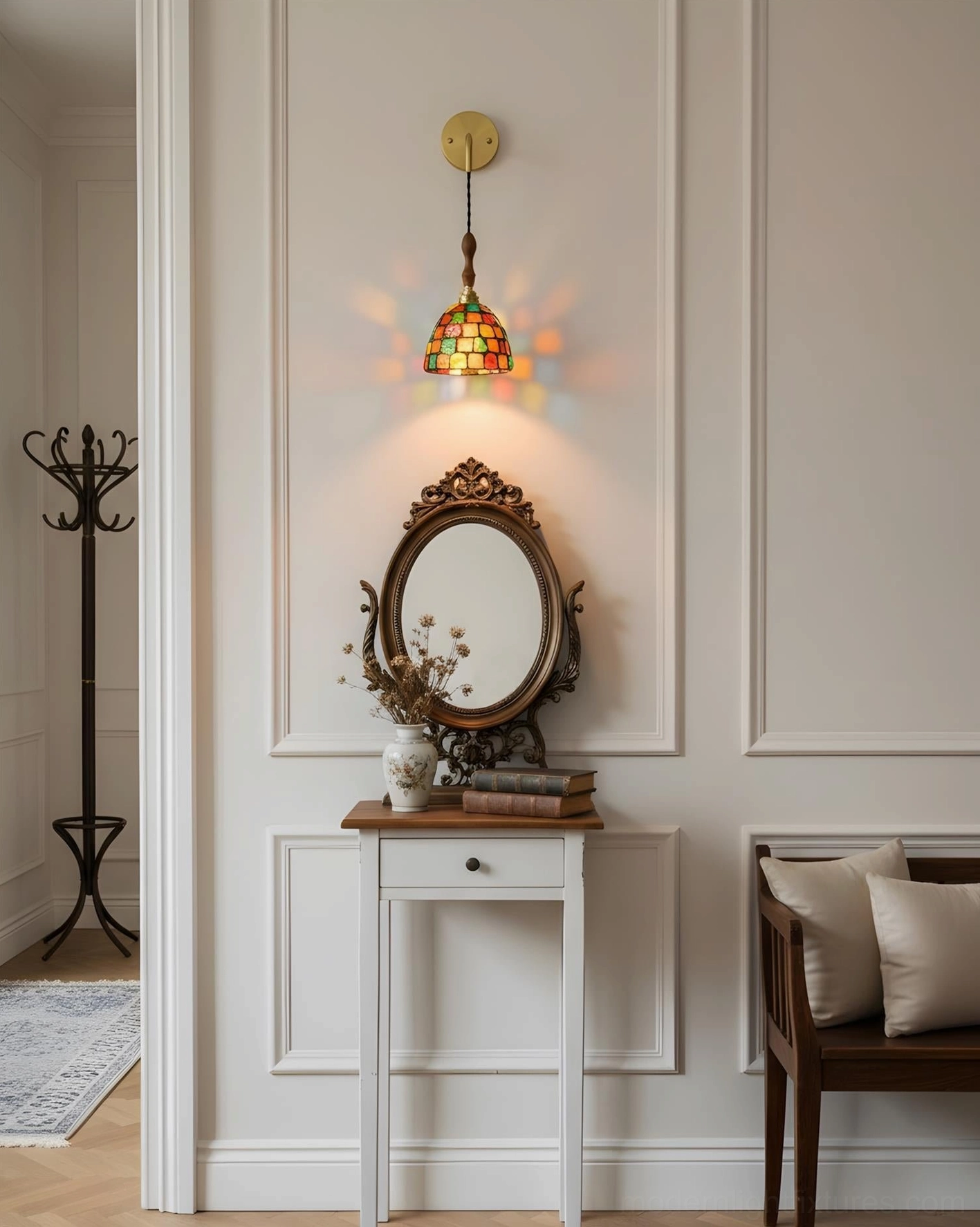 Tessaro wall sconce in entryway hallway with vanity mirror, vintage home decor styling