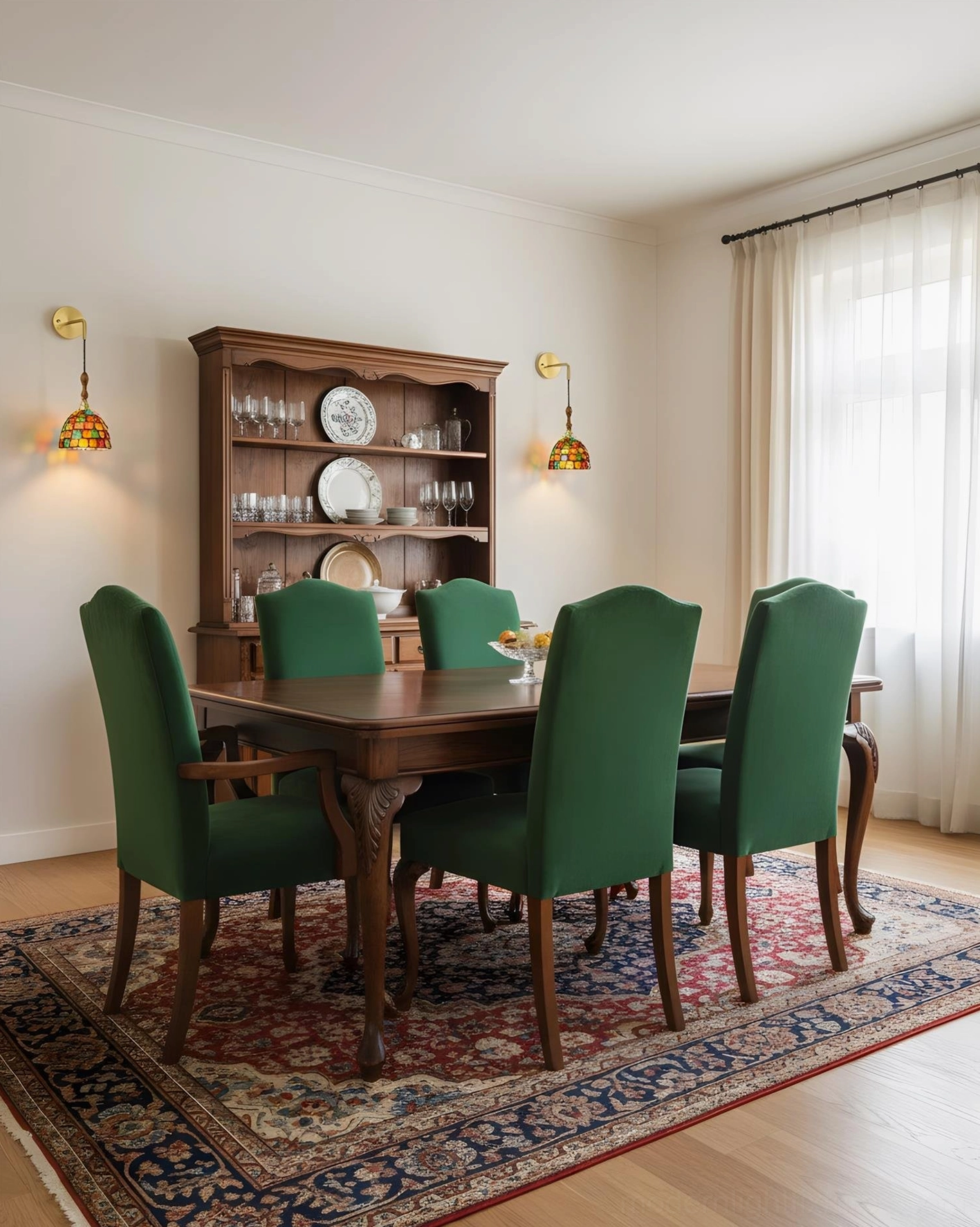 Tessaro stained glass wall sconces in formal dining room with green upholstered chairs, farmhouse vintage design