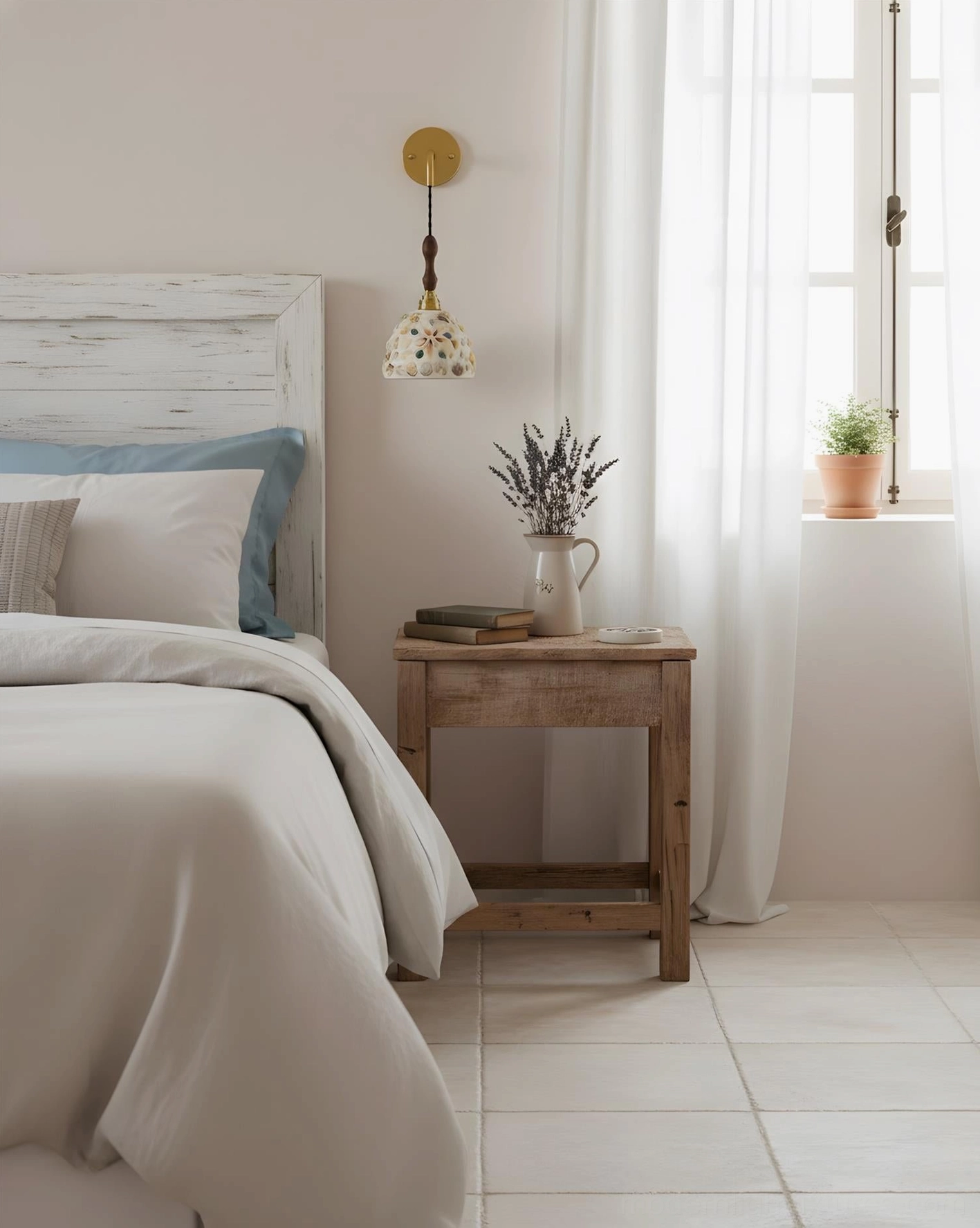 Tessaro wall sconce in bedroom ambiance, creating warm patterned light on wall above wooden nightstand