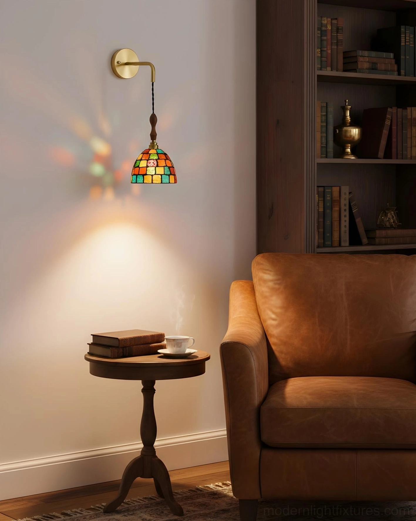 Tessaro mosaic wall sconce casting colorful patterned light in modern living room with leather sofa