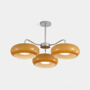 Tetra mid-century modern 3-light pendant chandelier with amber glass shades and geometric chrome frame - overhead view
