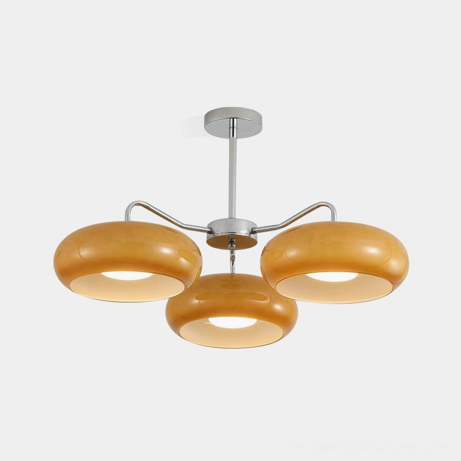Tetra mid-century modern 3-light pendant chandelier with amber glass shades and geometric chrome frame - overhead view