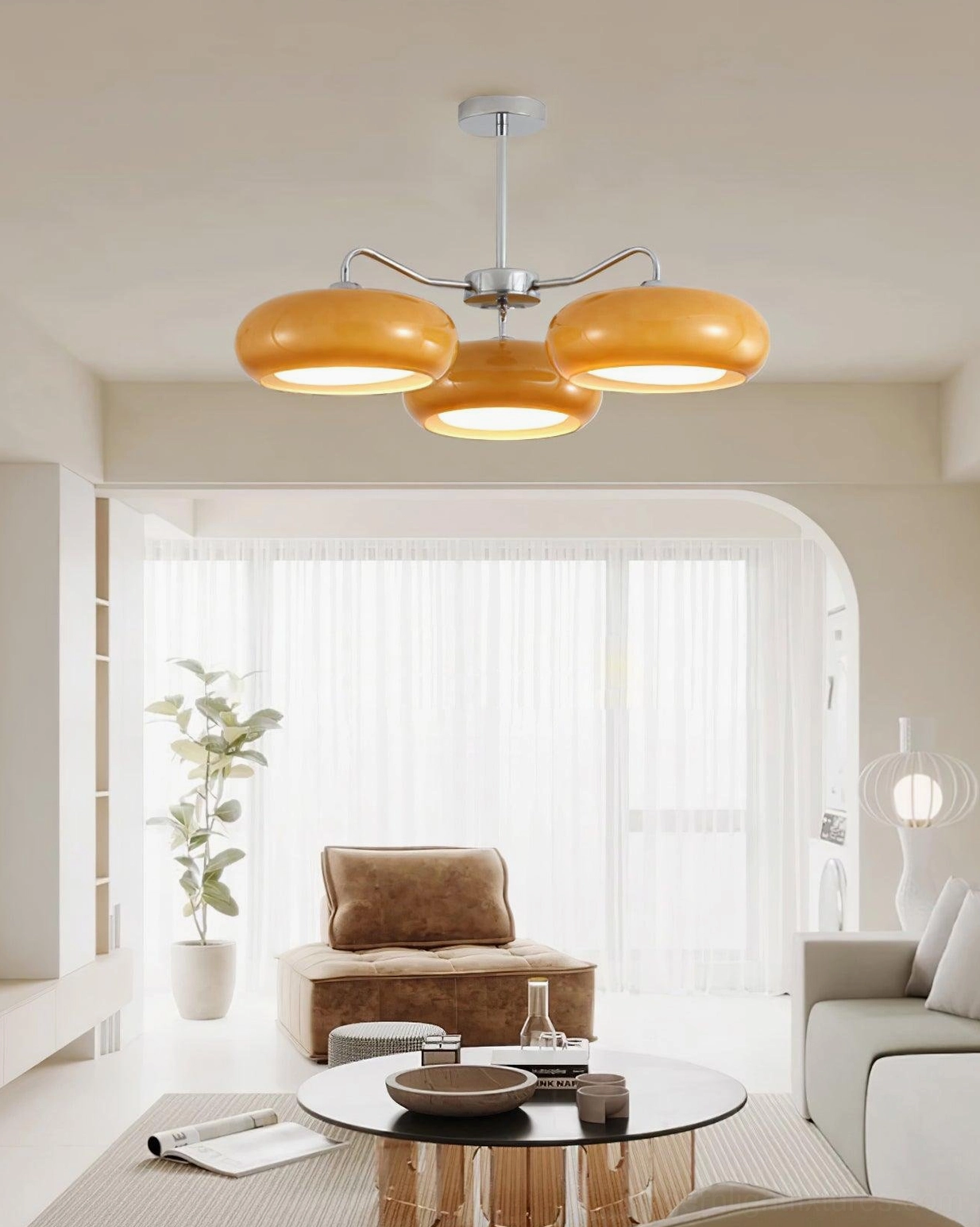 Tetra ceiling fixture with amber glass shades in bright contemporary living room - warm accent lighting