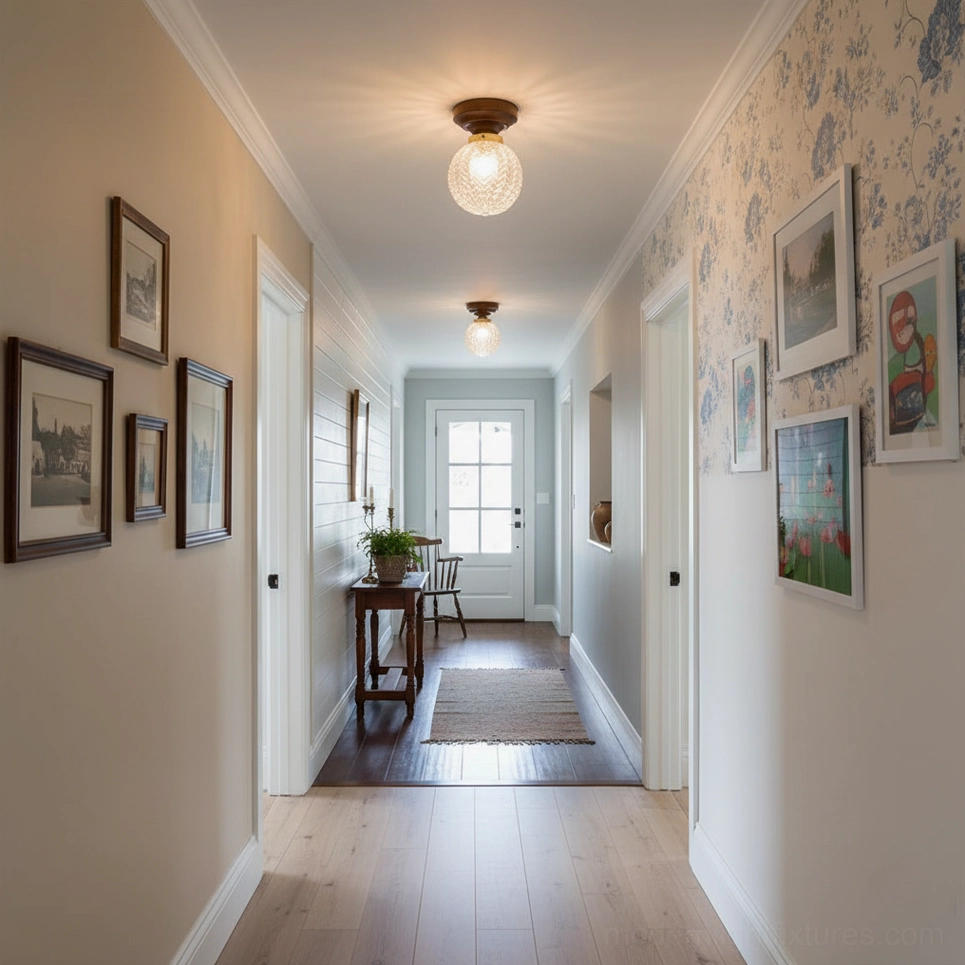 Farmhouse style residential hallway with textured glass ceiling light fixtures and framed wall art, vintage lighting