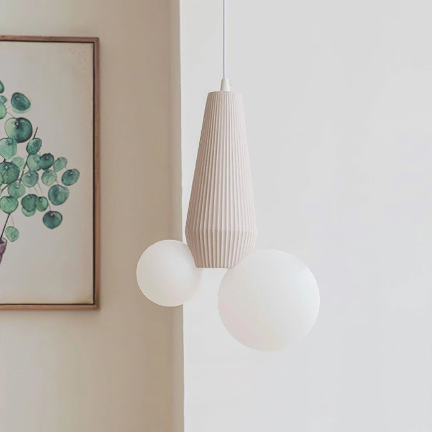 Modern pendant lamp with textured metal base and frosted white glass shades - interior lighting