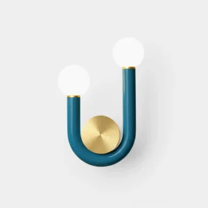 Thalia U modern wall sconce with dual frosted glass globes in navy blue and brass gold finish, front studio view