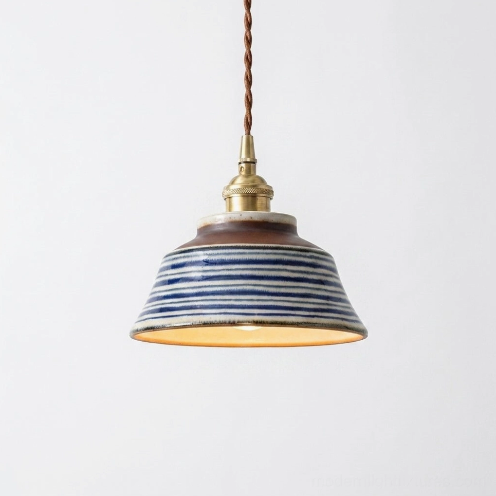 Thin stripe pattern hand-painted ceramic pendant lamp with linear indigo design on cream stoneware and polished brass