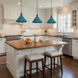 Three matching pleated ceramic pendant lights installed above kitchen island in farmhouse style kitchen