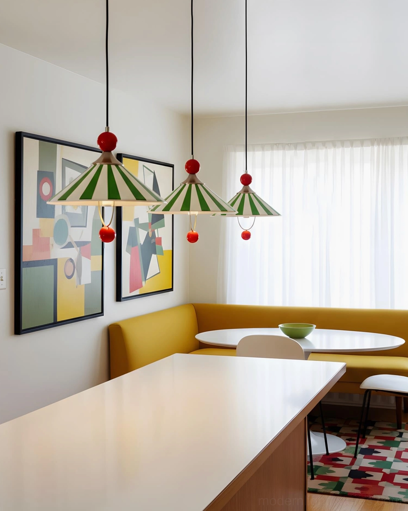 Set of three retro pendant lamps over dining nook with yellow banquette, eclectic dining room design