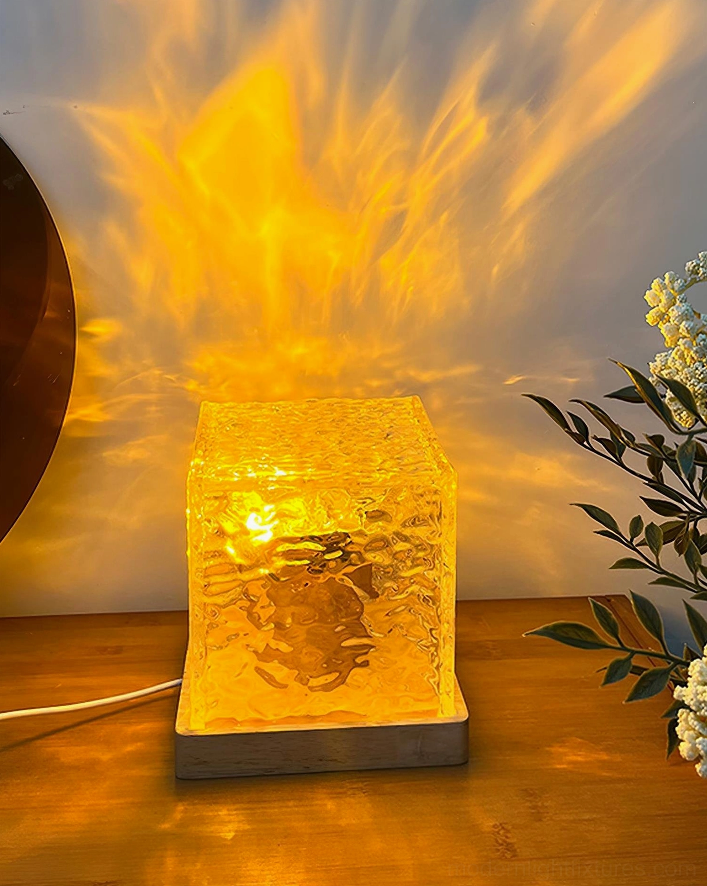 Water ripple crystal table lamp with three-color changing LED feature, modern minimalist design with textured glass cube