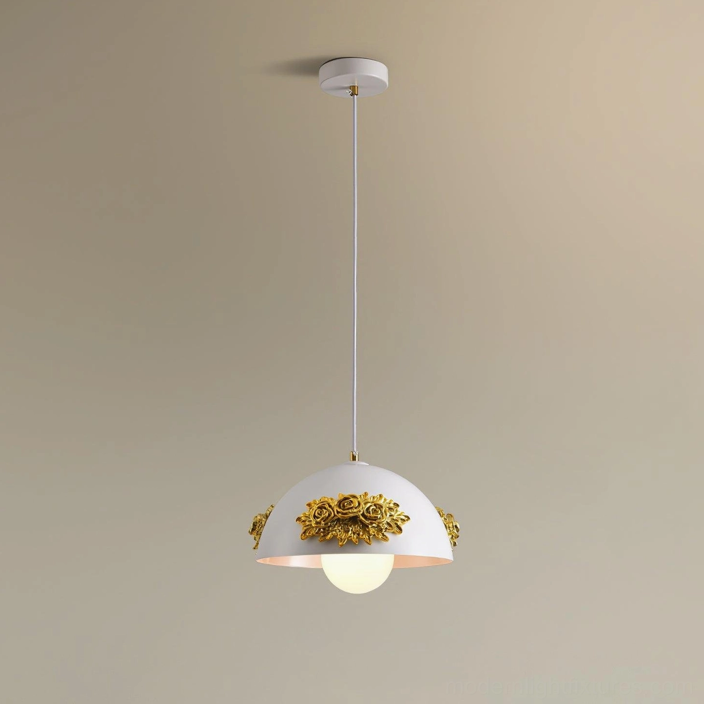 Three-dimensional floral dome pendant light fixture, romantic botanical design element, contemporary minimalist home lighting