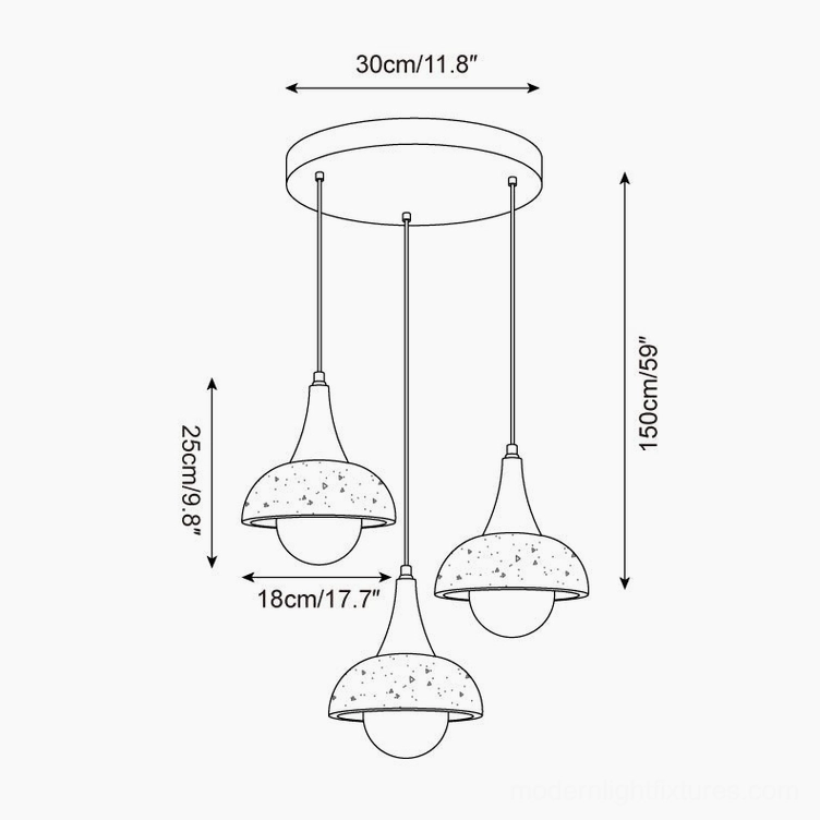 Three-dome travertine pendant lamp technical drawing 30cm mounting width 150cm total hanging height