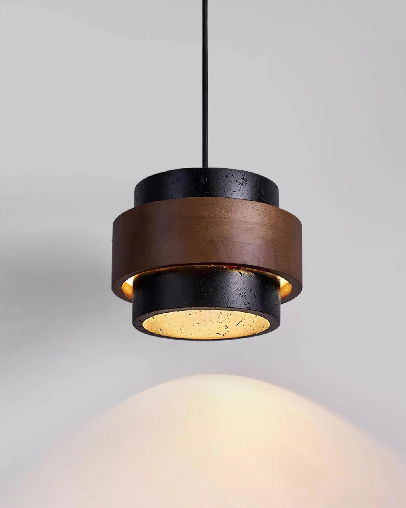 Three-head circular travertine pendant lamp arrangement, overhead view showing balanced geometric cluster