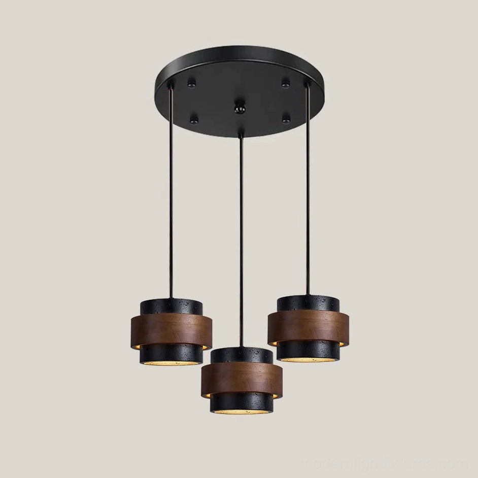 Three-head circular travertine pendant black stone lamp, dramatic dark configuration cluster arrangement