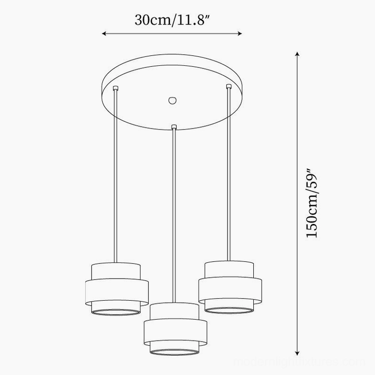 Three-head circular travertine pendant lamp technical drawing with 30cm diameter ceiling canopy and 150cm drop specifications