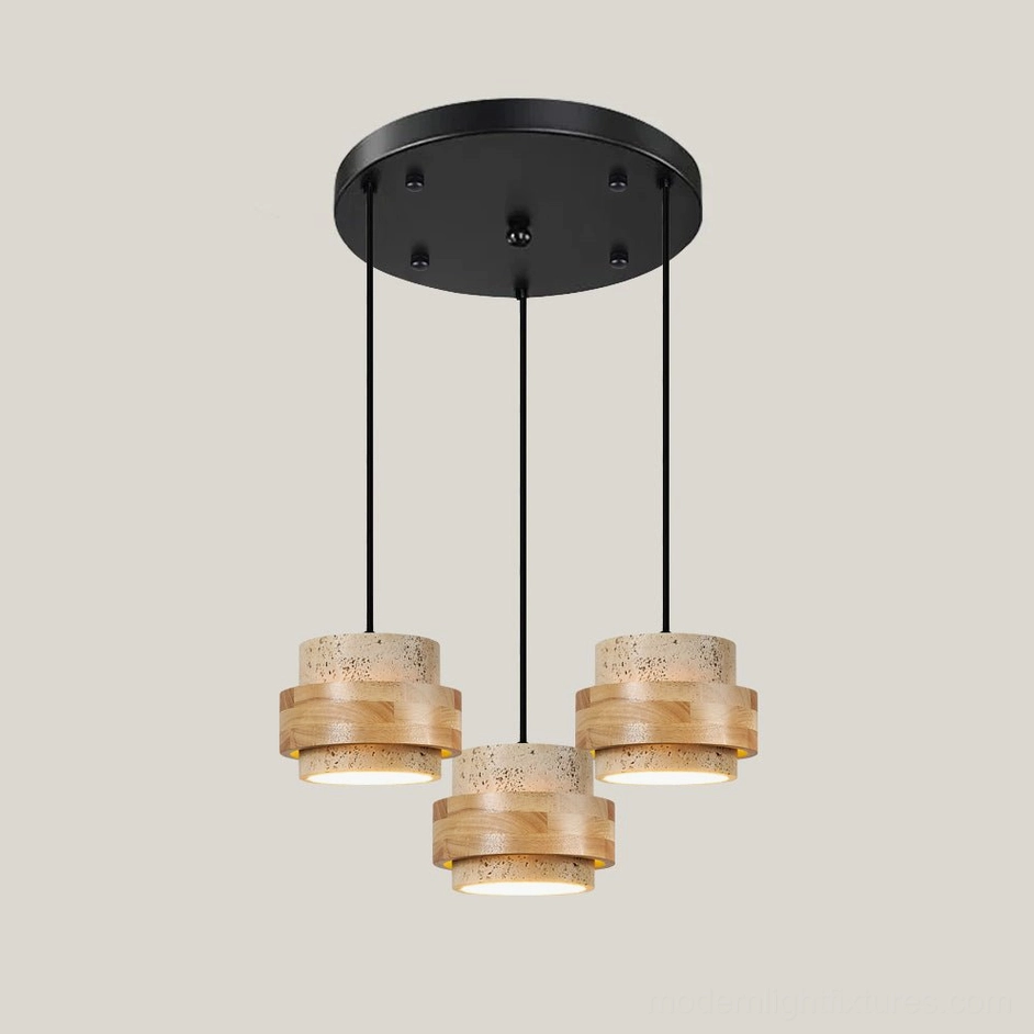 Three-head circular travertine pendant lamp yellow stone arrangement, rounded cluster overhead suspension