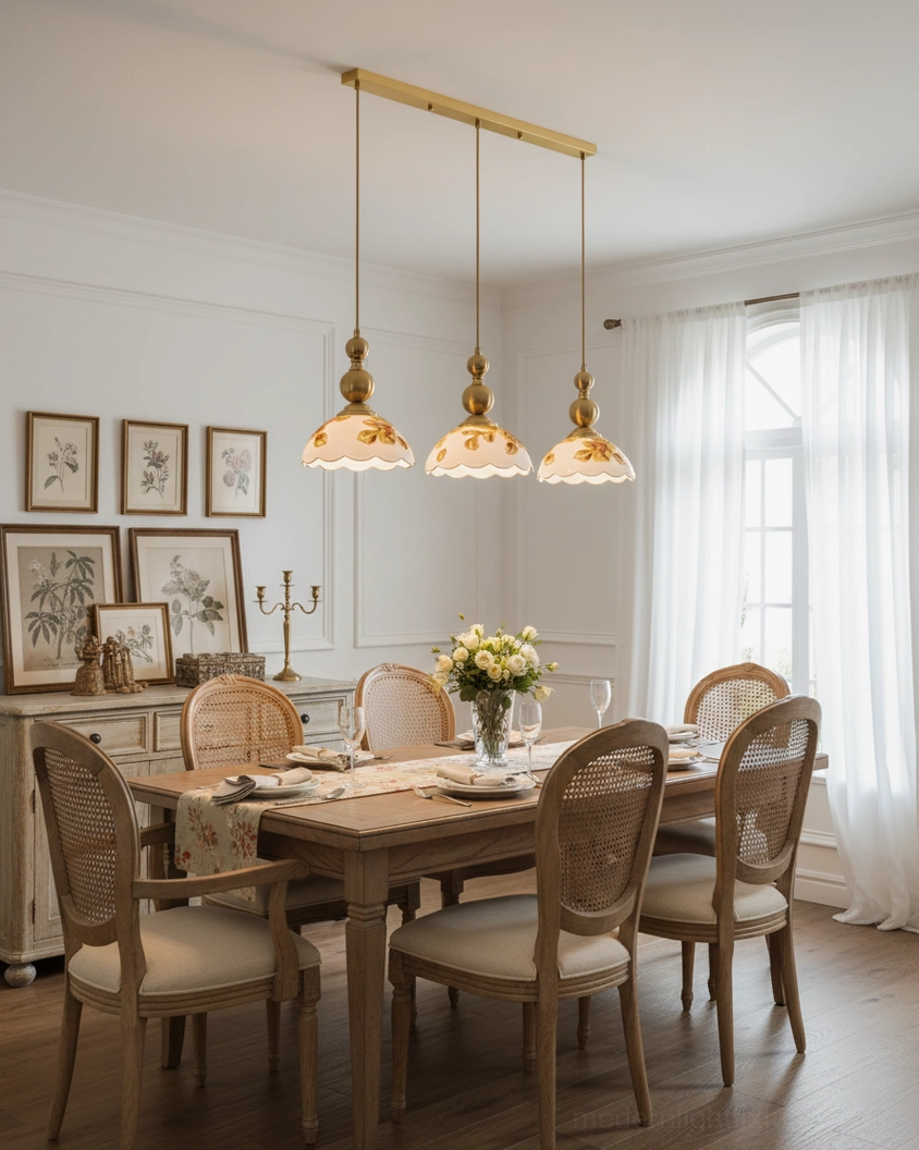 3-head linear pendant light fixture with hand-painted floral shades in classic American dining room