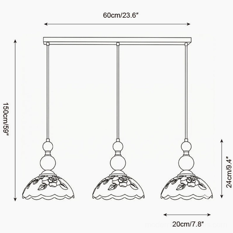 Technical specification drawing of 3-head linear pendant light with measurements