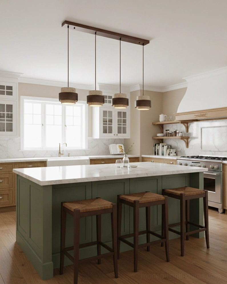 Three-head linear travertine pendant chandelier architectural installation, balanced arrangement in dining space