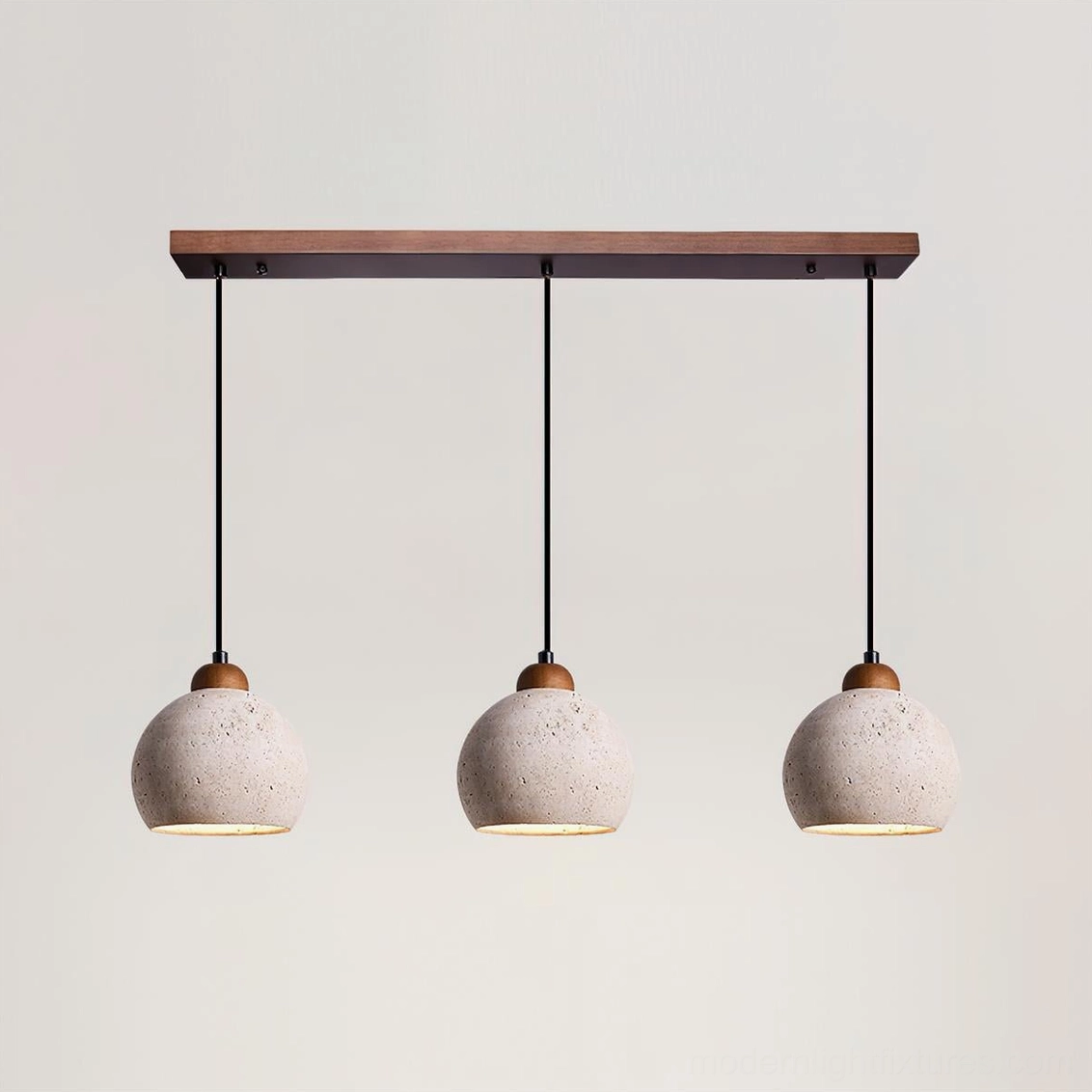 three head linear travertine pendant light extended ceiling mount large installation