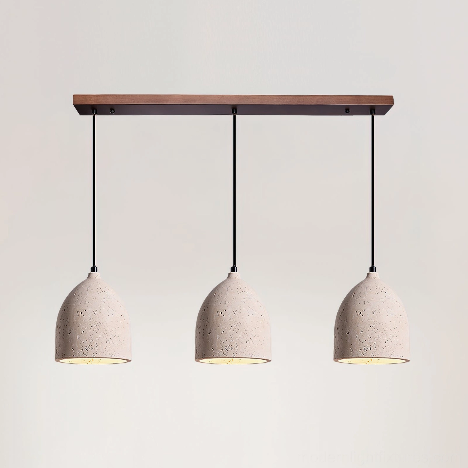 Three-head linear travertine volcanic pendant with extended ceiling bar for spacious kitchen island installations