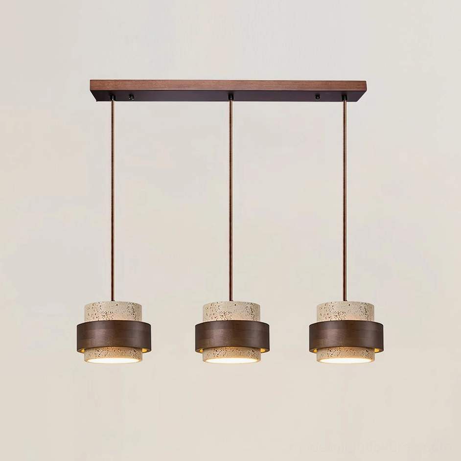 Three-head linear travertine pendant lamp installation showing warm stone tones and wood frame detail
