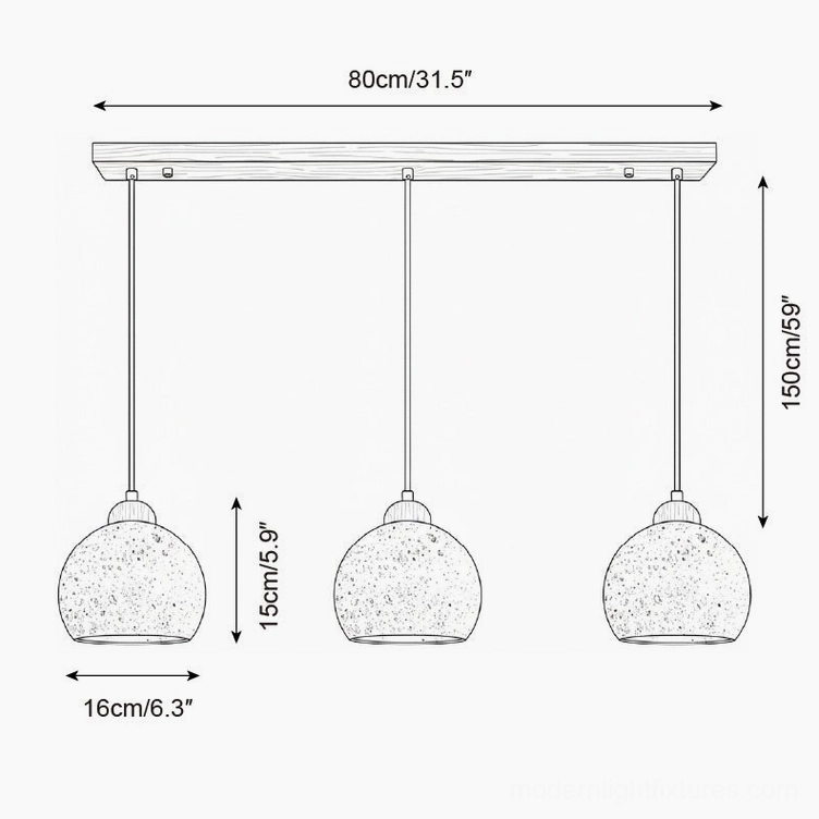 three head linear travertine pendant light 80cm mount technical drawing
